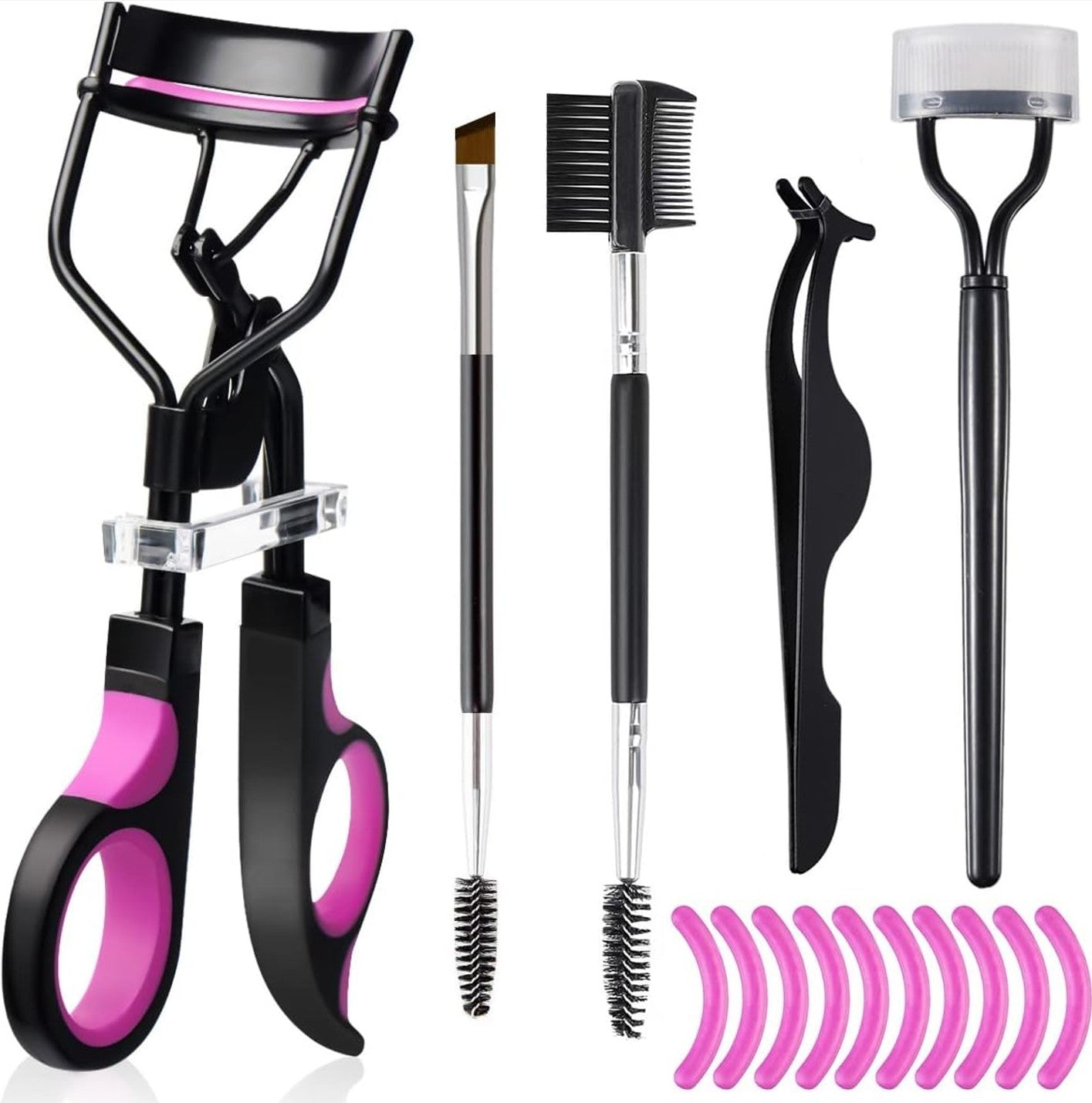 Oxavio Eyelash Curler and Eyebrow Brush Kit – Lash Separator, Tweezers, Mascara Wands, Angled Comb & 10 Refills