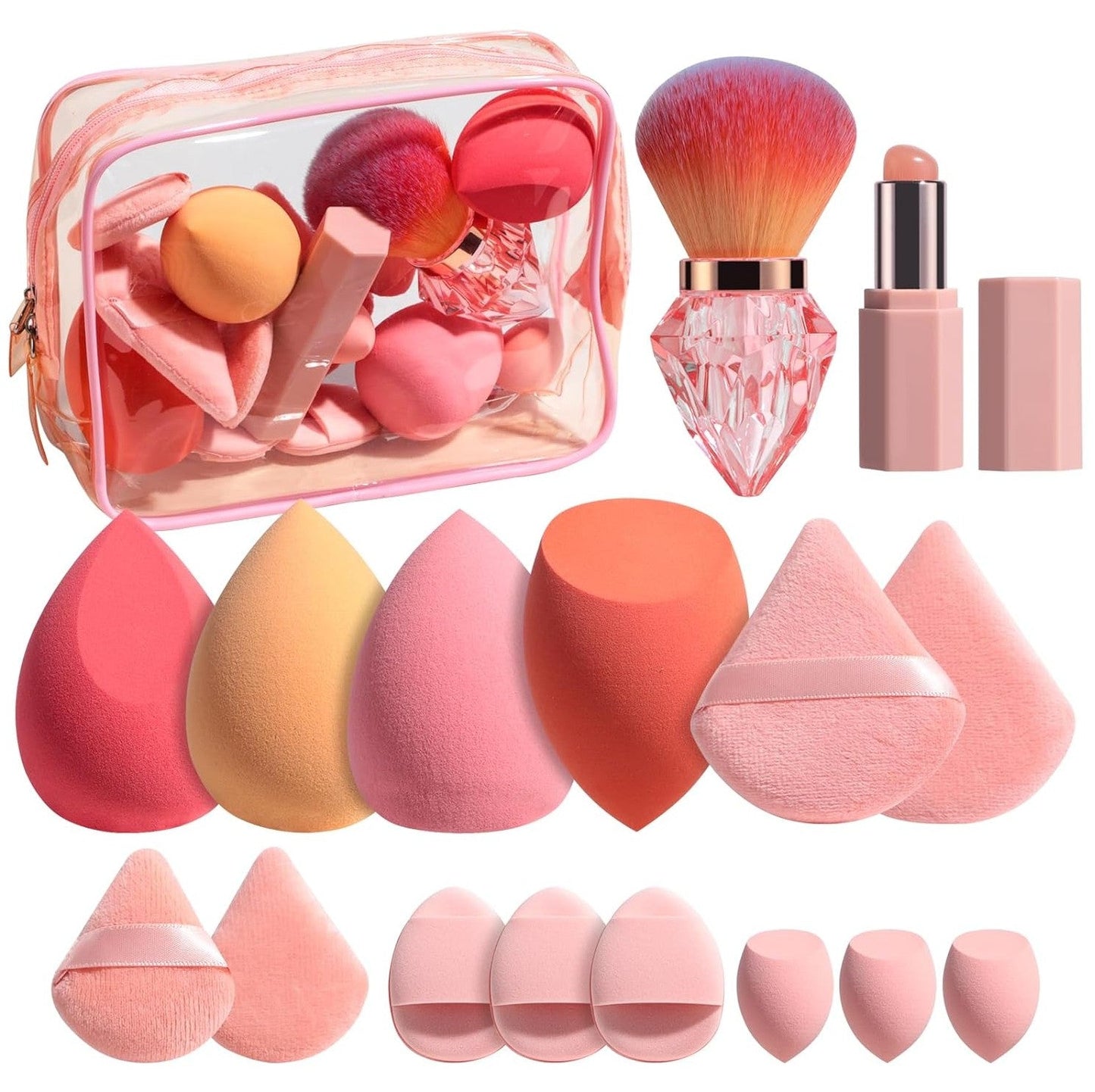 Oxavio 14-Piece Portable Makeup Sponge Set with Diamond-Shaped Kabuki Brush – Beauty Blenders and Triangle Puffs in Clear Travel Case