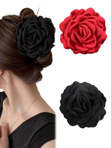 Oxavio 2PCS Flower Women's Hair Claws Clip Fashion Headwear Elegant Lady Fabric Rose Flower Hair Claw Hairpin Women Girls Accessories Red & Black