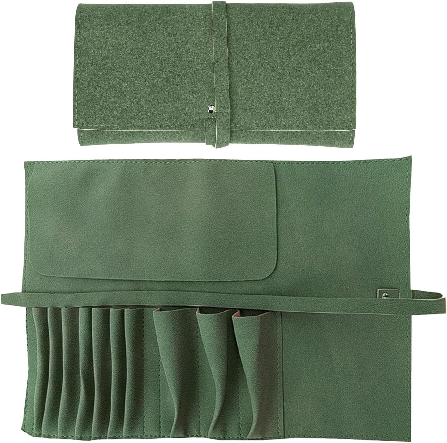 Oxavio 2Pcs Makeup Brush Case Travel Folding Travel Makeup Brushes Cases Roll Up Brush Rolling Bag Makeup Brush Organizer for Womens Cosmetic Bags Pouch Case Roll-up PU Leather Dark Green
