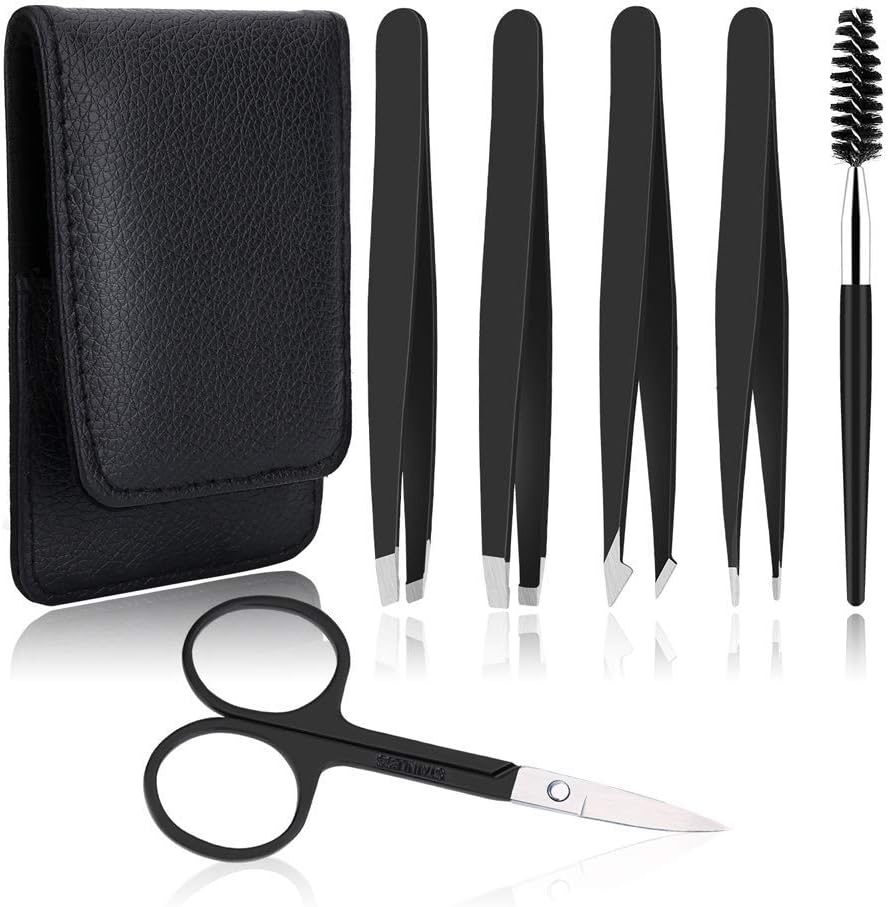 Oxavio 6-Piece Stainless Steel Tweezers Set – Professional Kit for Eyebrows, Ingrown Hair, Splinters – Black