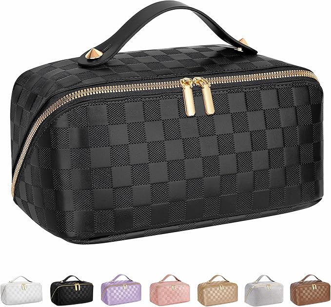 Oxavio Large Checkered PU Leather Travel Makeup Bag with Dividers and Handle