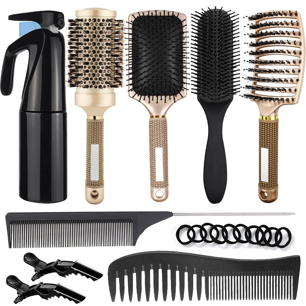 Oxavio 9-Piece Curly Hair Brush Set – Round & Paddle Brushes, Spray Bottle – Golden – Daily Hair Care Kit