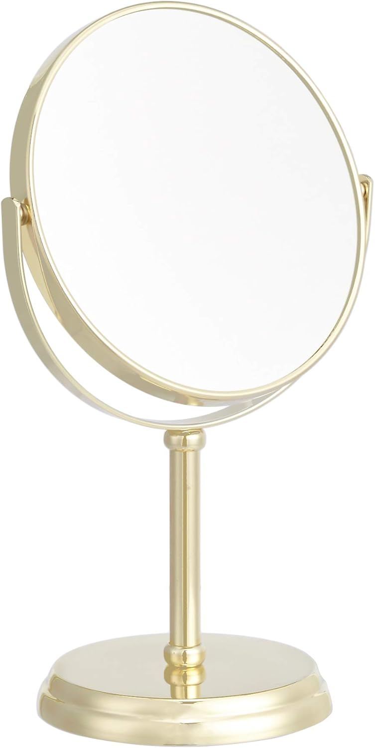 Oxavio Round Tabletop Vanity Mirror with 1x/5x Magnification – Gold Iron Frame – 7.2" x 4.9"
