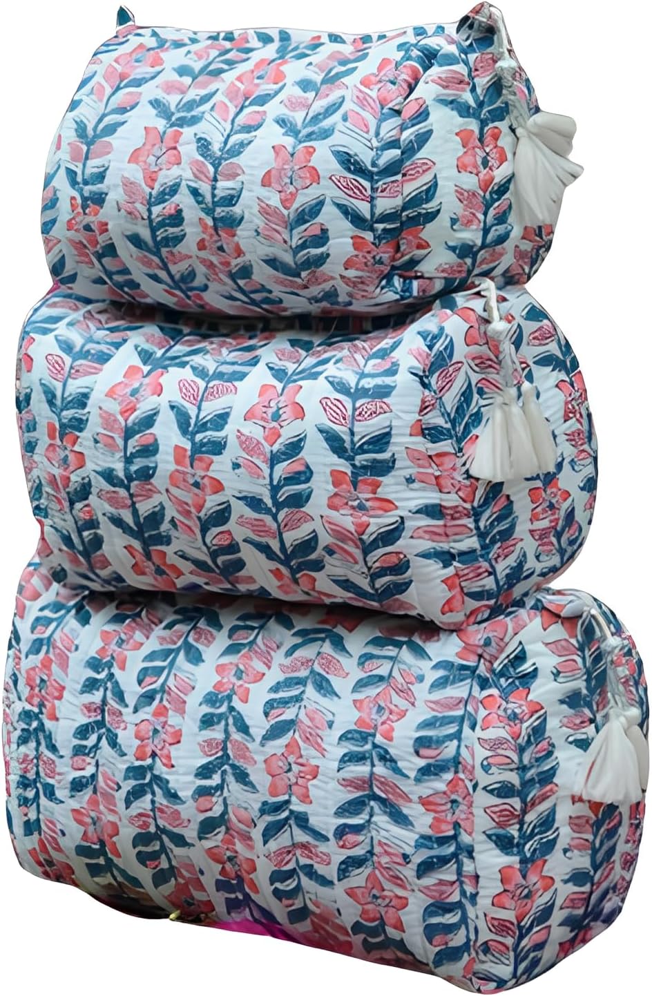 Oxavio Hand Block Print Waterproof Cosmetic Bag – Cotton Quilted Toiletry Set, 3 Pieces
