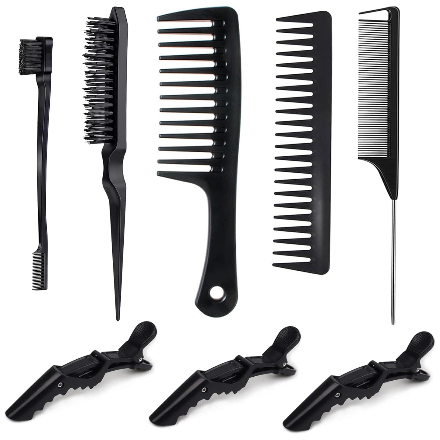 Oxavio Edge Brush and Hair Comb Set – Includes Wide Tooth Comb, Rat Tail Comb, Hair Clips – Black (S)