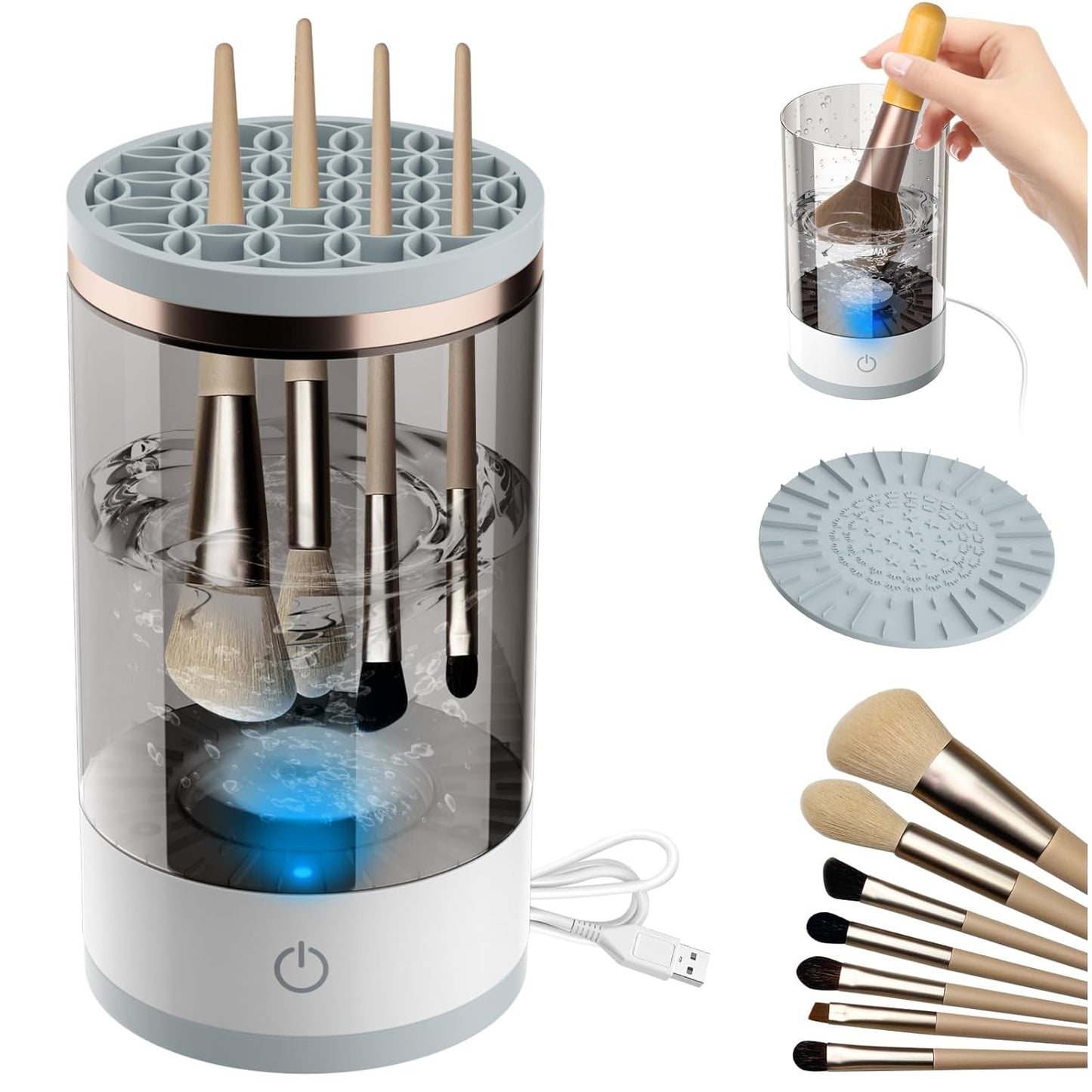 Oxavio Electric Makeup Brush Cleaner – Automatic Spinning Cleaner with Brush Clean Mat, Upgraded Model for All Sizes