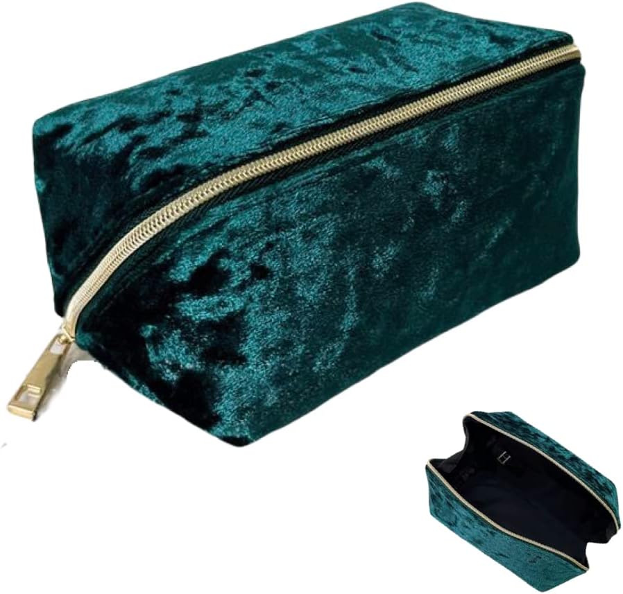 Oxavio Lently Velvet Travel Makeup Bag – Large Capacity Makeup Organizer Case, Peacock Green