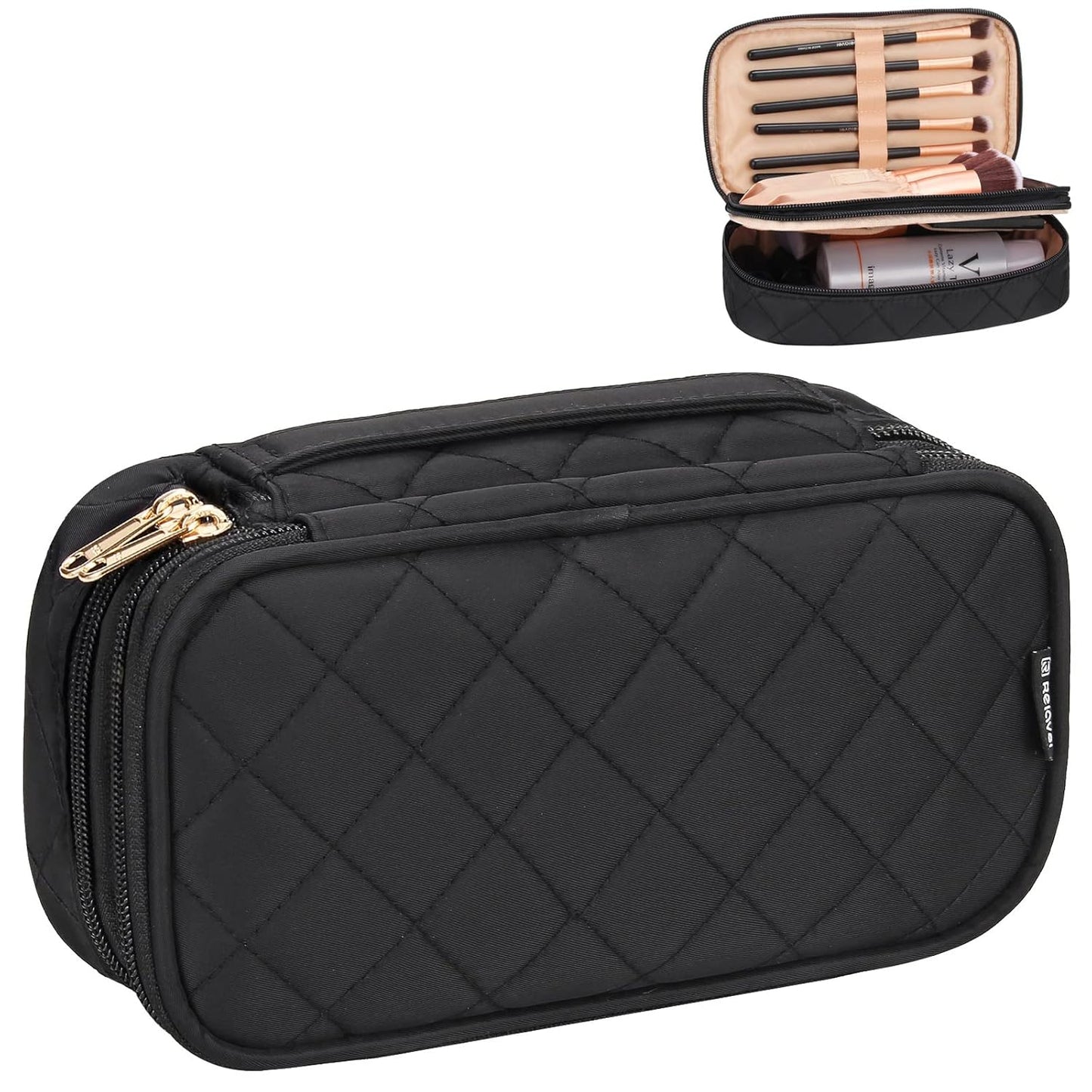 Oxavio Compact Waterproof 2-Layer Makeup Organizer Bag with Brush Holder - Black