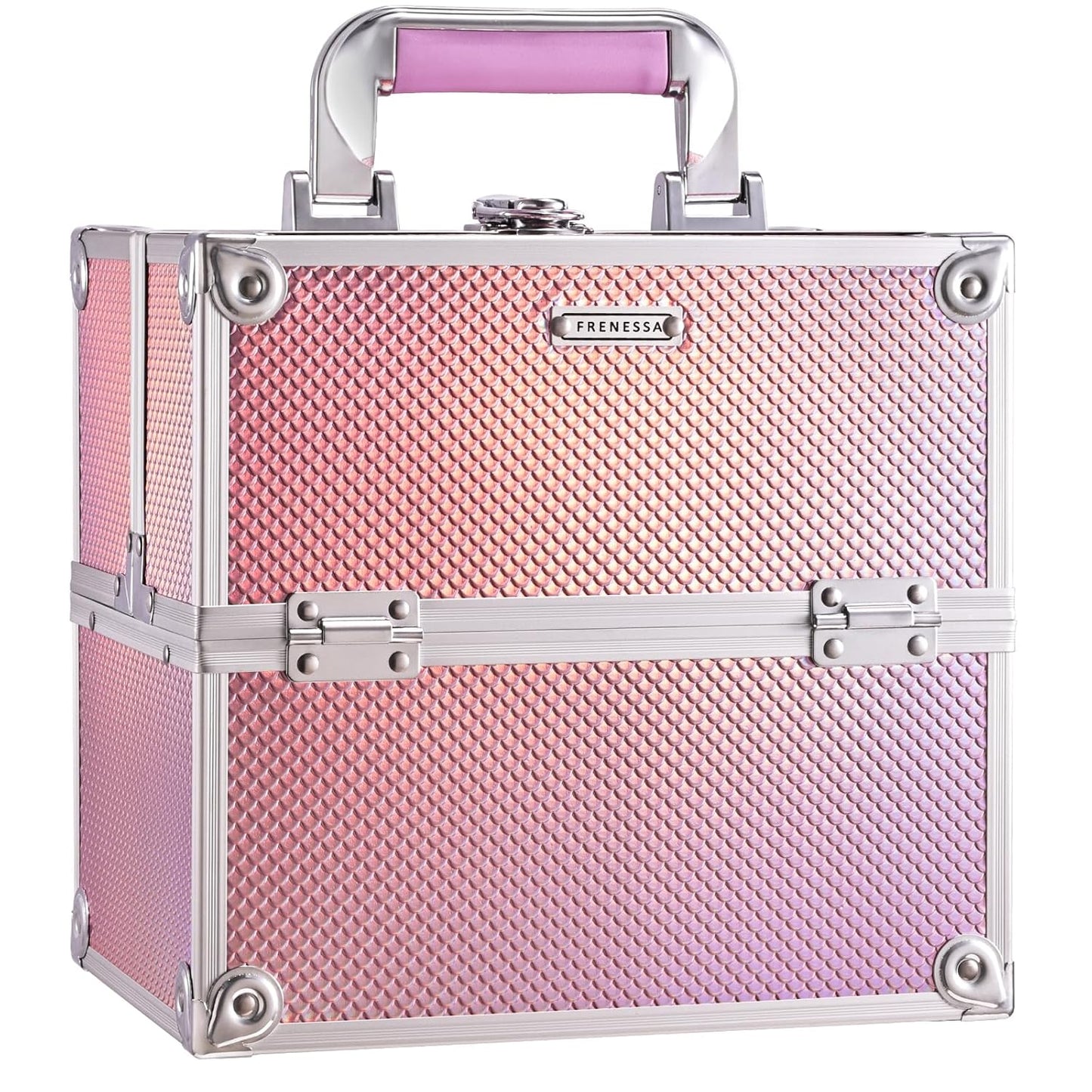 Oxavio Makeup Case Storage Box – Portable Artist Travel Organizer with 4 Trays and Lock, Mermaid Pink