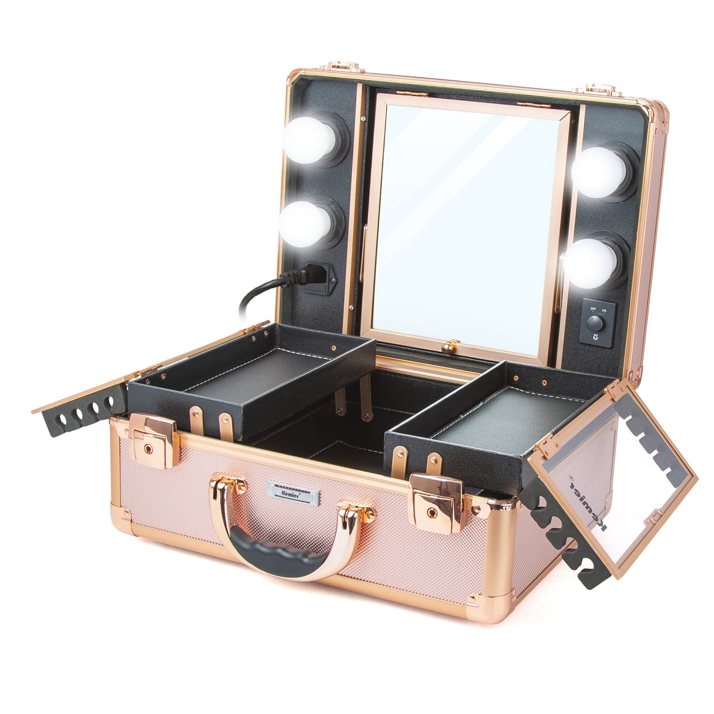 Oxavio Makeup Train Case Cosmetic Organizer Box Makeup Case with Lights and Mirror Makeup Case with Customized Dividers Large Makeup Artist Organizer Kit Rose Gold