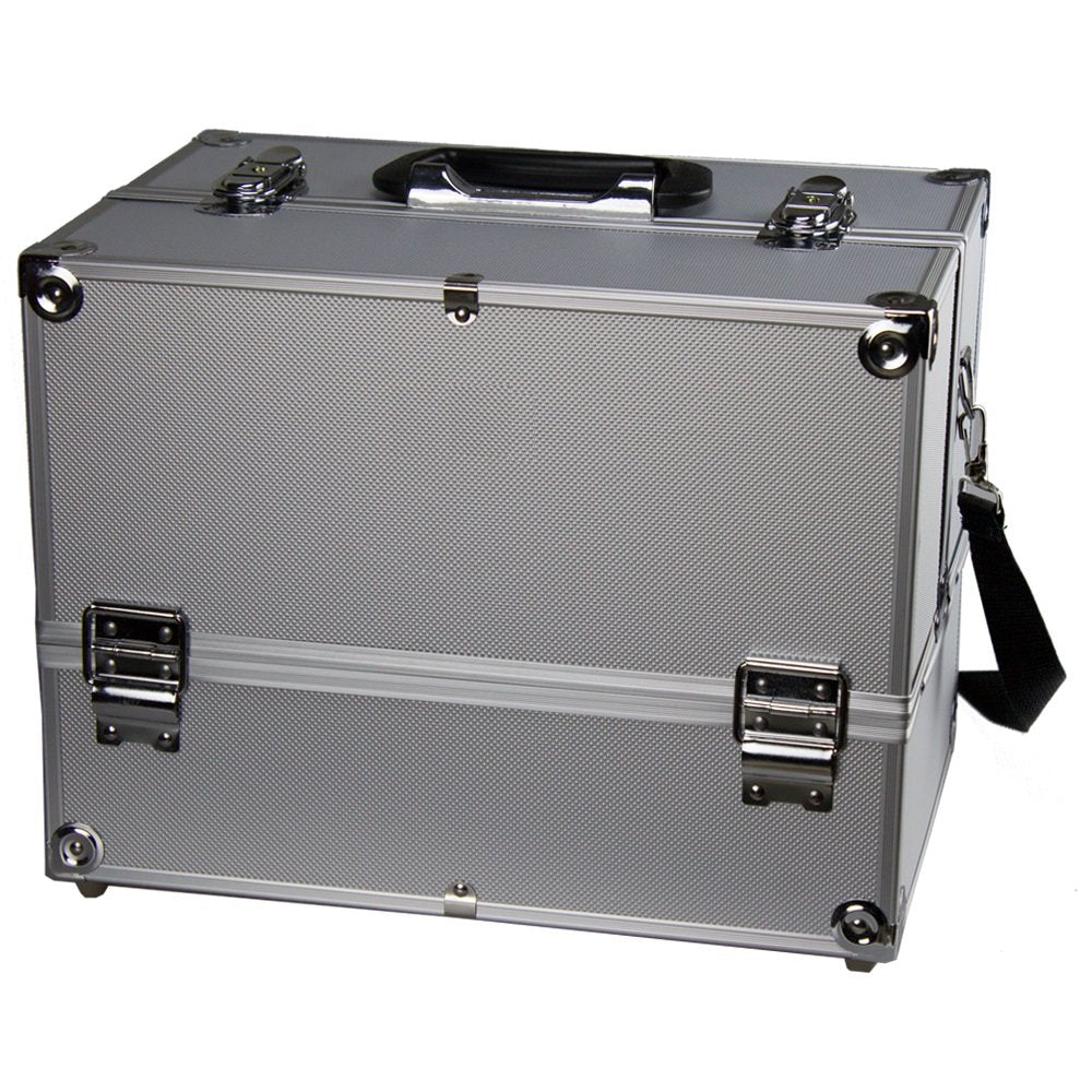 Oxavio Professional Makeup Train Case – Silver 14" Cosmetic Organizer with Adjustable Dividers and Lock