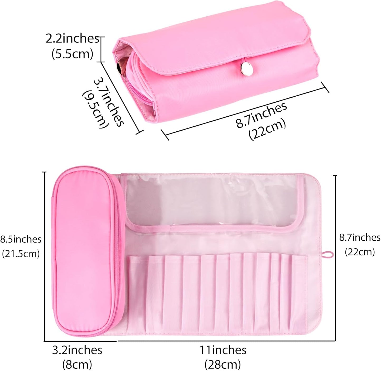 Oxavio Portable Folding Makeup Brush Bag Multifunctional Cosmetics Rolling Storage Case Makeup Brush Holder for Travel Makeup Brush Organizer Bag Pink