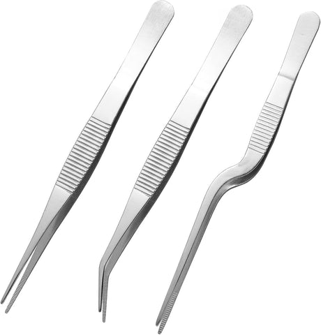Oxavio Stainless Steel Tweezers Set for Small Gardening and Kitchen Multi-Purpose Tools Silver Tweezers 3Pcs 6.22Inches 6.33Inches 6.4Inches