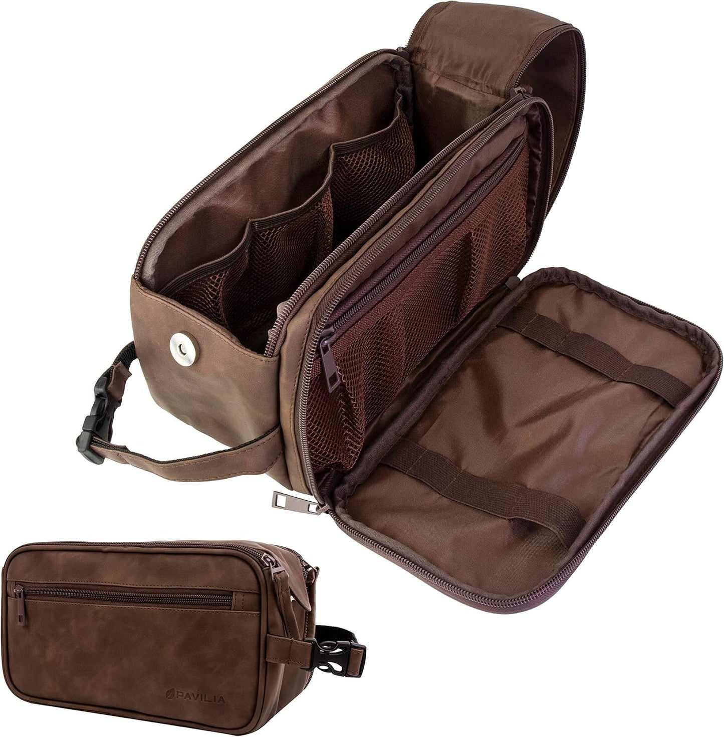 Oxavio Toiletry Bag for Men Travel Essentials Shaving Dopp Kit Mens Travel Bag Toiletries Organizer Case for Grooming PU Leather Water Resistant Cosmetic Bag Pouch Dark Brown