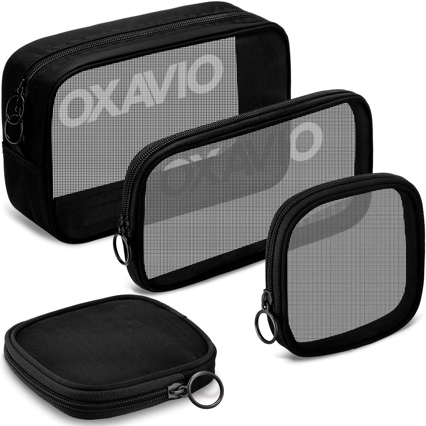 Oxavio 4-Piece Mesh Makeup Bag Set - Black (Small, Medium, Large)