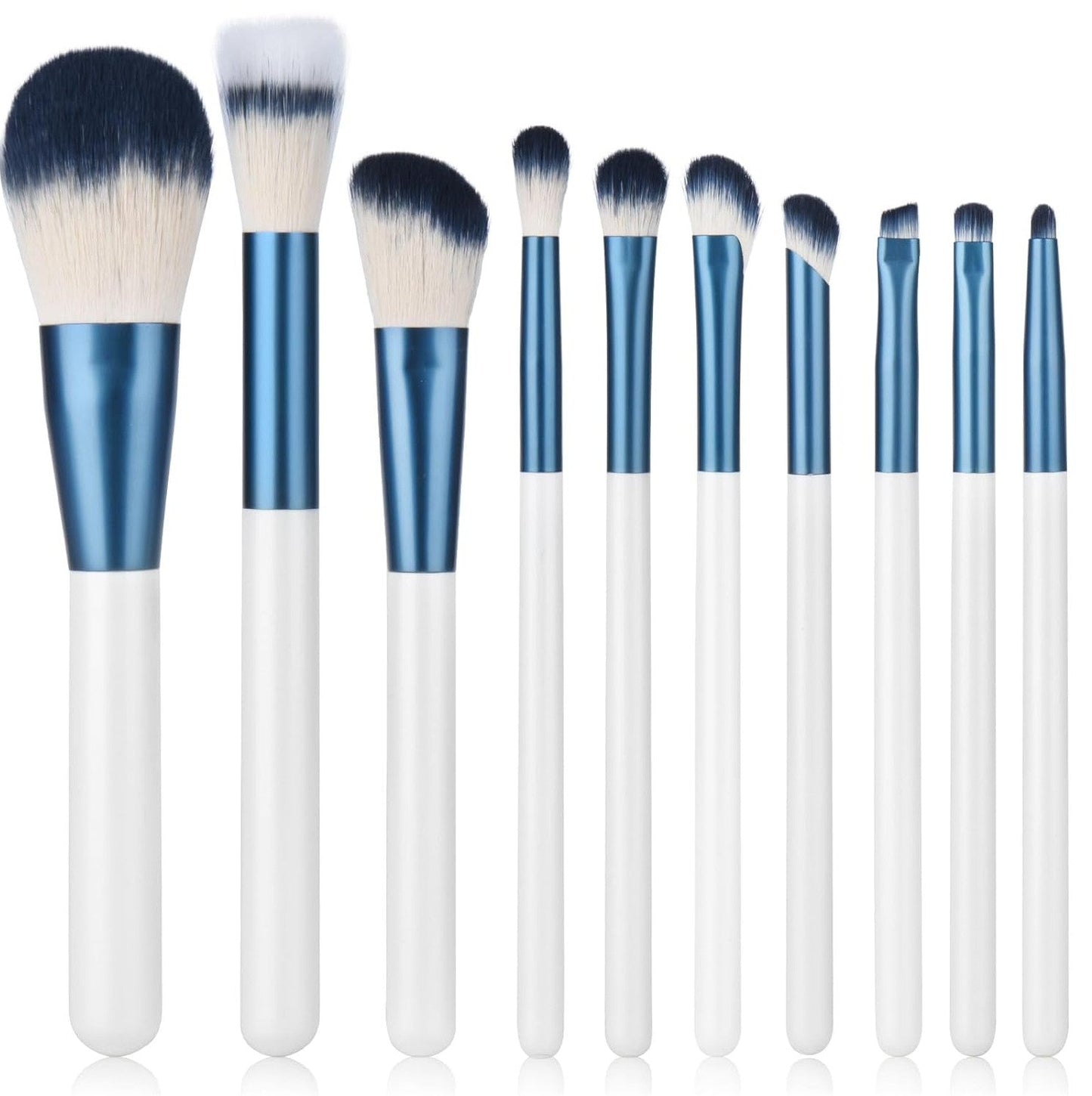 Oxavio 10-Piece White & Blue Makeup Brush Kit with Travel Case – Foundation, Eyeshadow, Blending & Brow Brushes