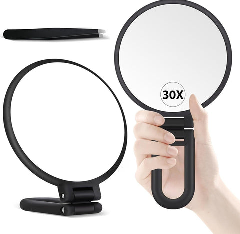 Oxavio 30X Magnifying Travel Hand Mirror – Double-Sided Folding Makeup Mirror with Handle – Black