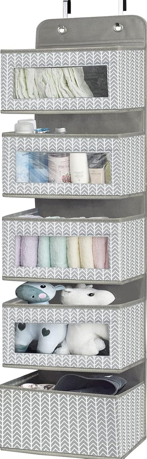 Oxavio Over-the-Door Hanging Organizer with 5 Pockets – Gray Storage Rack with Clear Windows and Hooks
