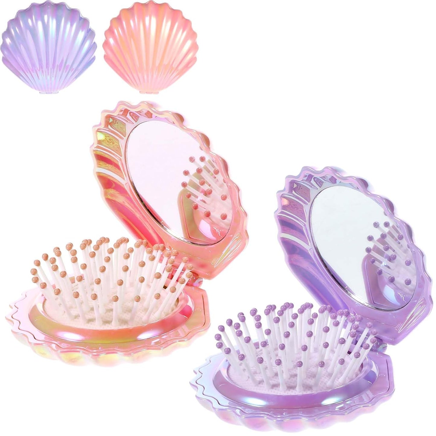 Oxavio 2PCS Portable Shell Shape Compact Brush with Mirror – Metallic Mini Hair Comb for Purse, Backpack, Hair Massage, Makeup Set (Purple, Pink)