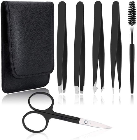 Oxavio 6-Piece Stainless Steel Tweezers Set – Professional Kit for Eyebrows, Ingrown Hair, Splinters – Black