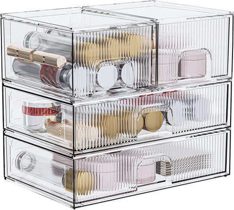 Oxavio Stackable Acrylic Cosmetic Organizer – 4-Piece Storage Box Set for Bathroom, Vanity, or Bedroom