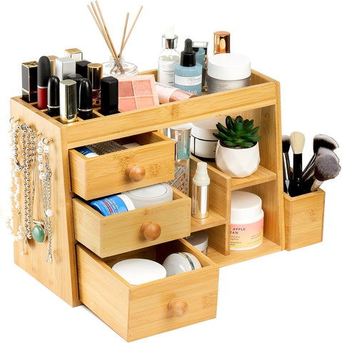 Oxavio Bamboo Makeup Organizer with 3 Drawers and Lipstick Holder – Vanity Storage Box with Jewelry Hooks