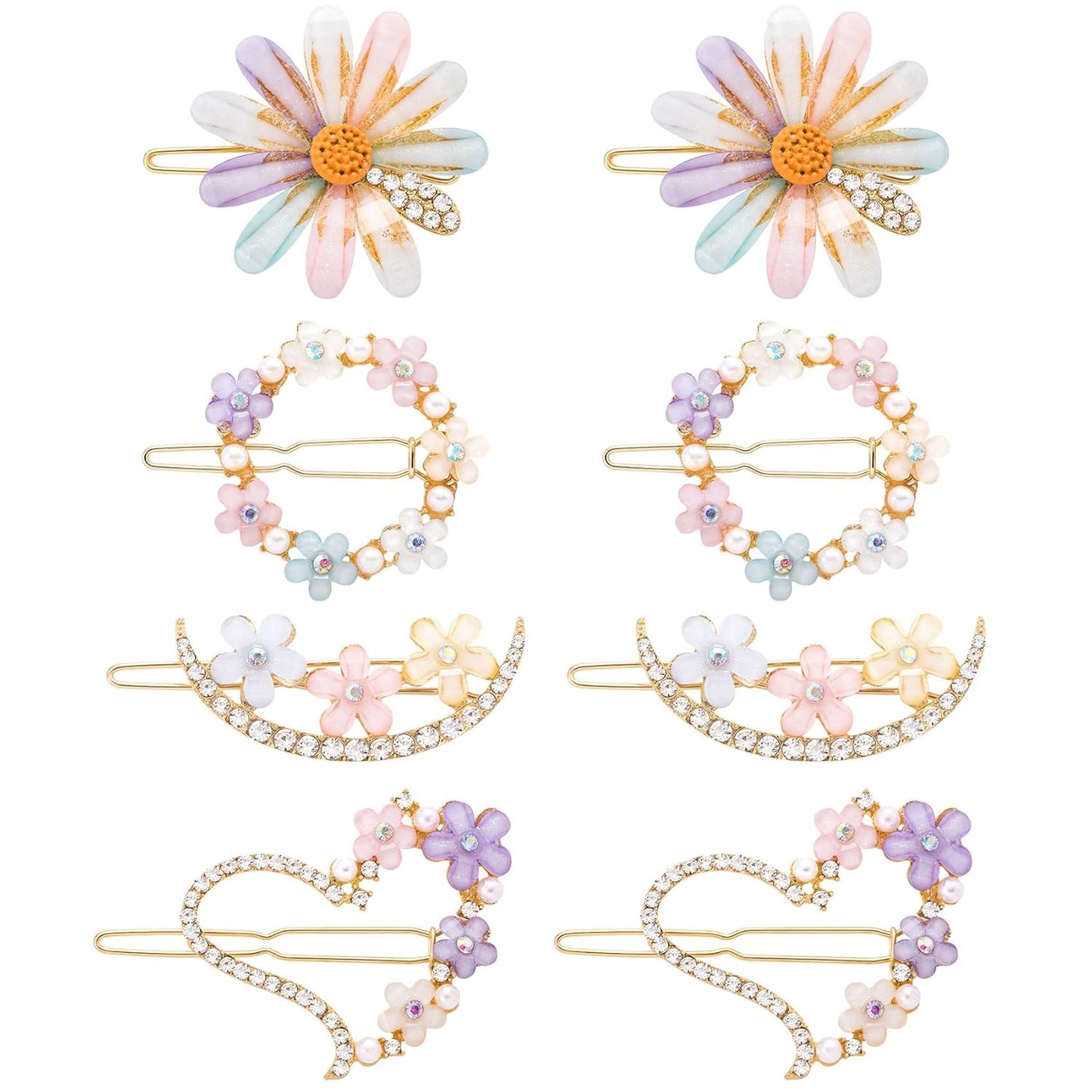 Oxavio 8PCS Cute Hair Clips for Women Girl Daisy Heart Moon Bobby Hairpins Glitter Crystal Flower Rhinestone Barrettes Handmade Metal Jewelry Wedding Prom Valentines Birthday Accessories