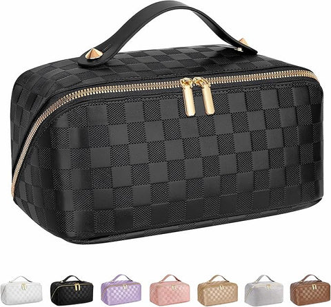 Oxavio Large Checkered PU Leather Travel Makeup Bag with Dividers and Handle