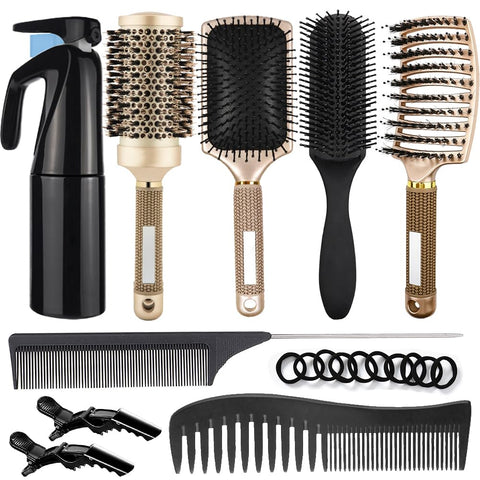 Oxavio 9-Piece Curly Hair Brush Set – Round & Paddle Brushes, Spray Bottle – Golden – Daily Hair Care Kit