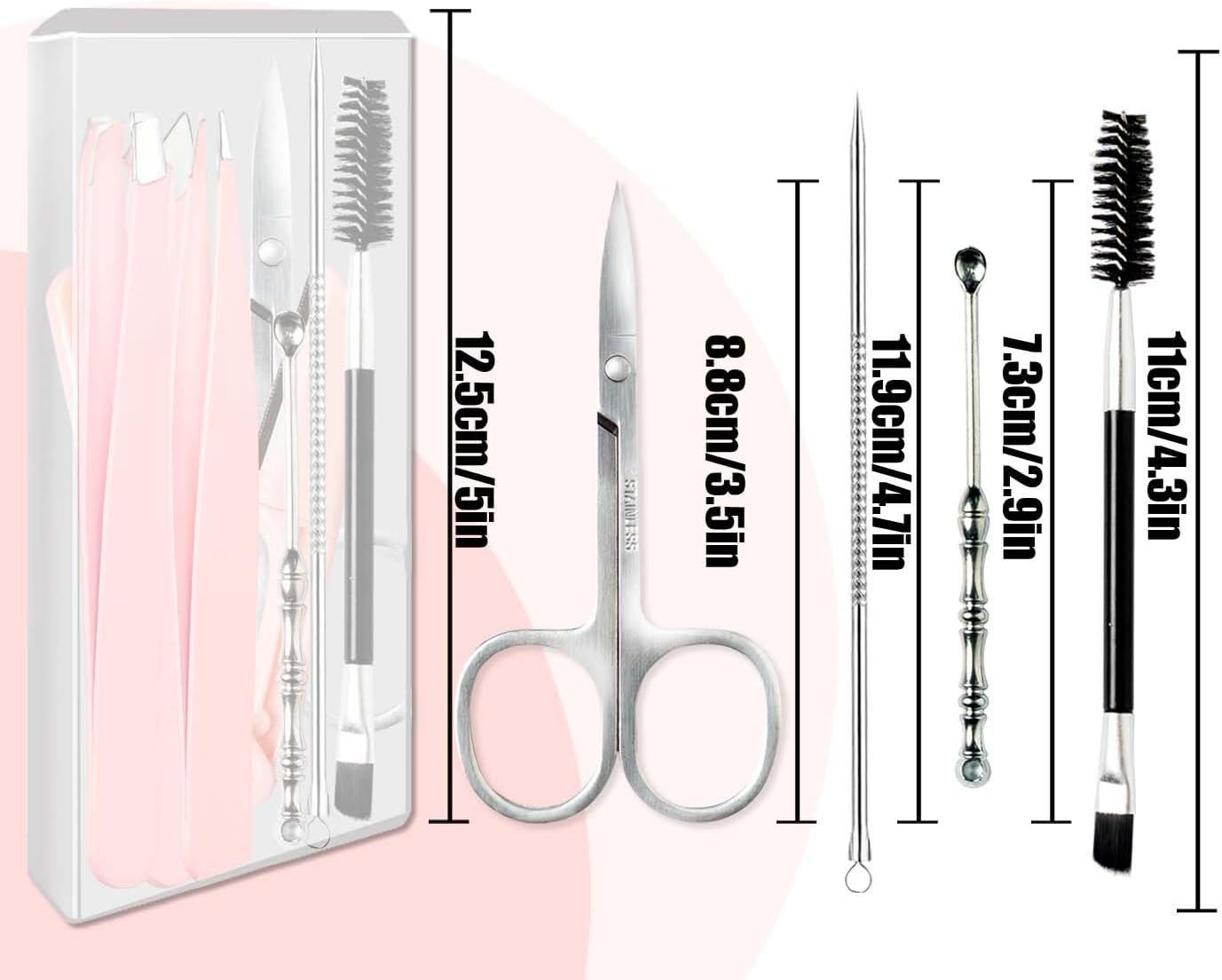 Oxavio [9+1 PCS] Professional Tweezers Kit – Stainless Steel Hair Removal Set for Women and Men – Pink