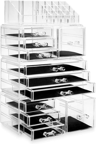 Oxavio Acrylic Makeup and Jewelry Organizer – Clear Display Case with 16 Slots and 9 Drawers