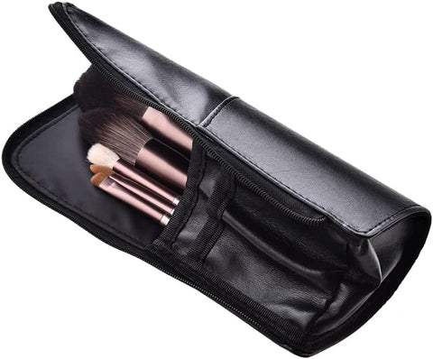 Oxavio Black Leather Makeup Brush Bag – Waterproof Standing Zipper Cosmetic Brush Holder