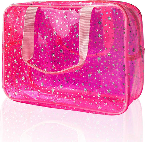 Oxavio Clear Pink Star Large Cosmetic Bag – 12x5x8 inch Travel Pouch with Handle, Durable PVC, Zipper Design