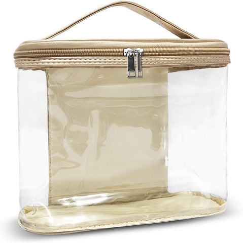 Oxavio Cosmetic Bag Portable Clear Toiletry Case Makeup Bag Carry On Transparent PVC Pouch Handbag Storage Organizer with Handle Strap for Women Men Trip Travel Accessories Gold