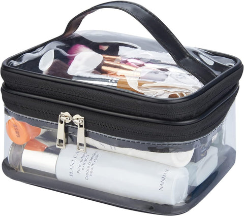 Oxavio Double Layer Clear Cosmetic Bag Makeup Bag Waterproof Travel Toiletry Bag Transparent PVC Hair & Nail Accessories Pouch Beach Bag Organizer Black