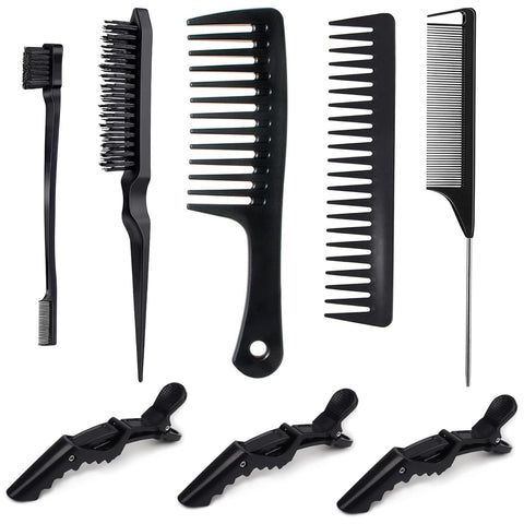 Oxavio Edge Brush and Hair Comb Set – Includes Wide Tooth Comb, Rat Tail Comb, Hair Clips – Black (S)