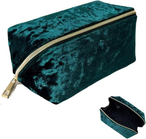 Oxavio Lently Velvet Travel Makeup Bag – Large Capacity Makeup Organizer Case, Peacock Green