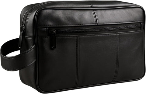 Oxavio MENS GENUINE LEATHER TRAVEL WASH GYM TOILETRY BAG BLACK