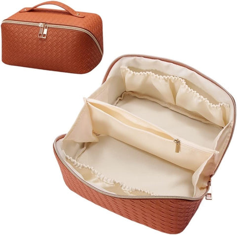 Oxavio Makeup Bag Large Capacity Travel Cosmetic Bag Travel Makeup Bag Makeup Organizer Cosmetic Bag Checkered Lay Flat Makeup Bag with Handle and Divider