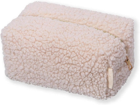 Oxavio Zippered Plush Skincare Storage Bag – Fashionable Terry Cloth Fluffy Mini Makeup Bag (Beige)
