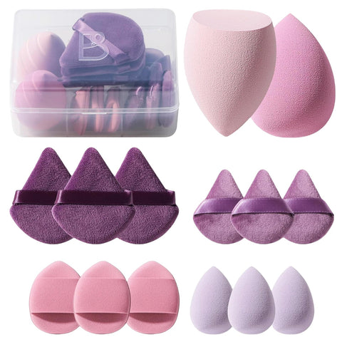 Oxavio BS-MALL 14-Piece Makeup Sponge Set – Multi-Colored Triangle Puffs and Mini Sponge for Liquid, Cream, and Powder with Case (A-Purple)