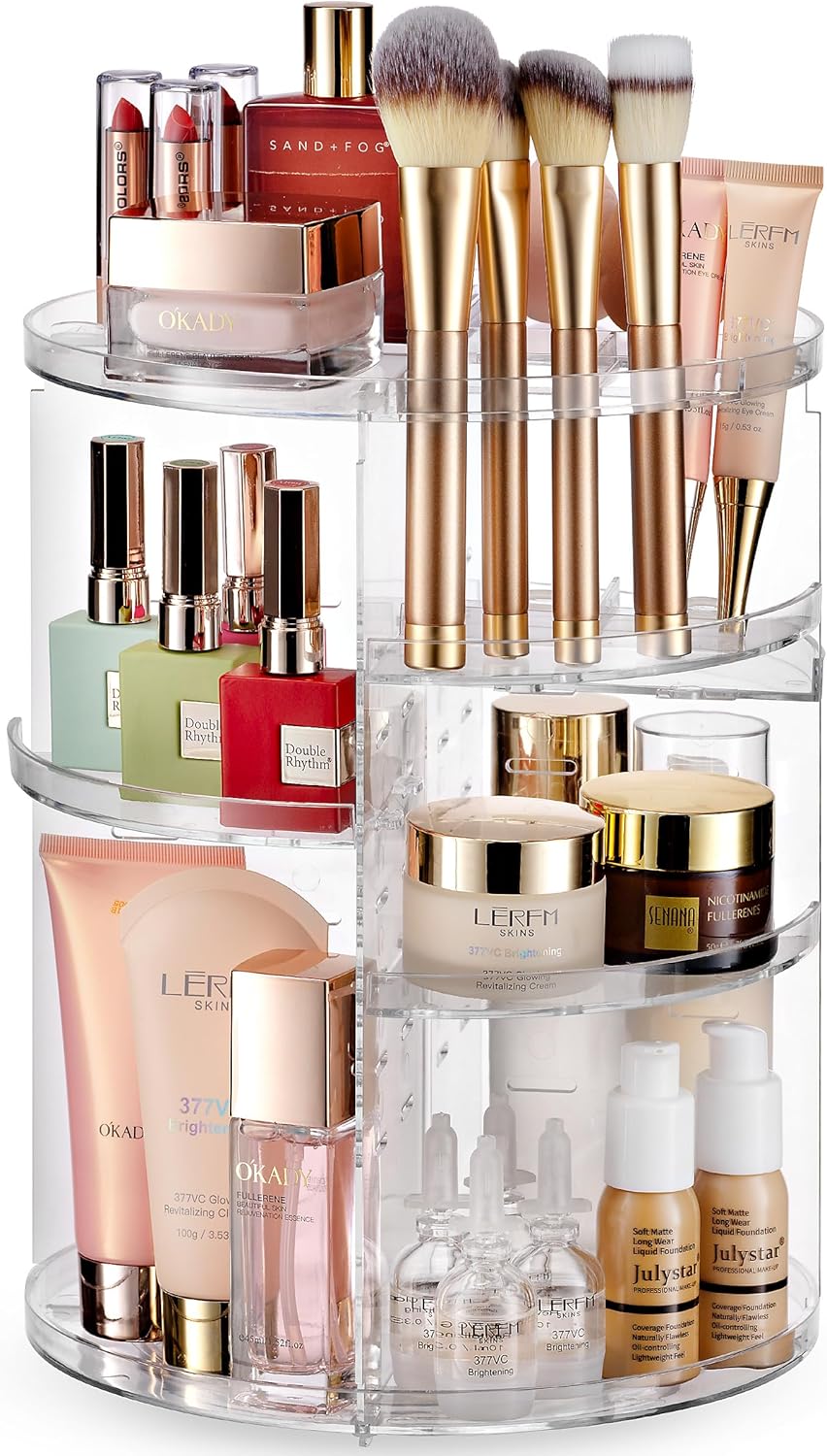 Oxavio 360° Rotating Makeup Organizer – Adjustable Height Spinning Cosmetic Tower for Vanity