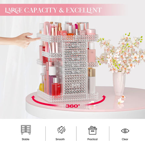 Oxavio Rotating Makeup Organizer with 6 Drawers – DIY Adjustable Cosmetics and Jewelry Storage (Plus Size-Clear)
