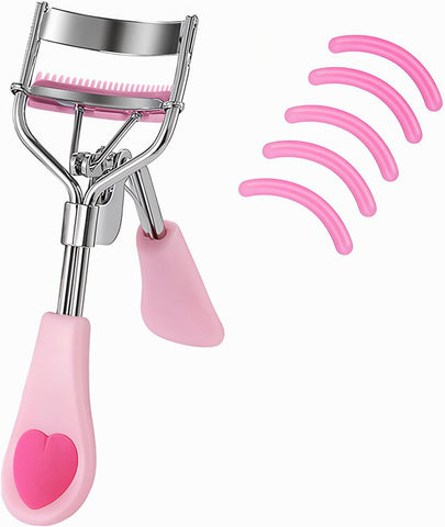 Oxavio Light Pink Eyelash Curler – Stainless Steel with Built-In Comb and 5 Silicone Pads – Universal Fit