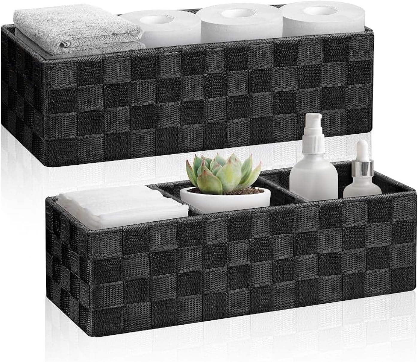 Oxavio Set of 2 Woven Storage Baskets with Lids – Black 13Qt Organizer Bins for Shelves or Pantry