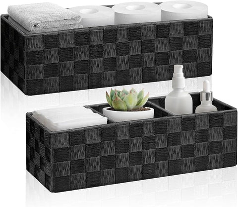 Oxavio Set of 2 Woven Storage Baskets with Lids – Black 13Qt Organizer Bins for Shelves or Pantry