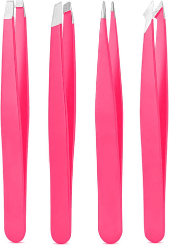 Oxavio 4-Piece Precision Tweezers Set – Stainless Steel Eyebrow and Splinter Remover Tools – Pink
