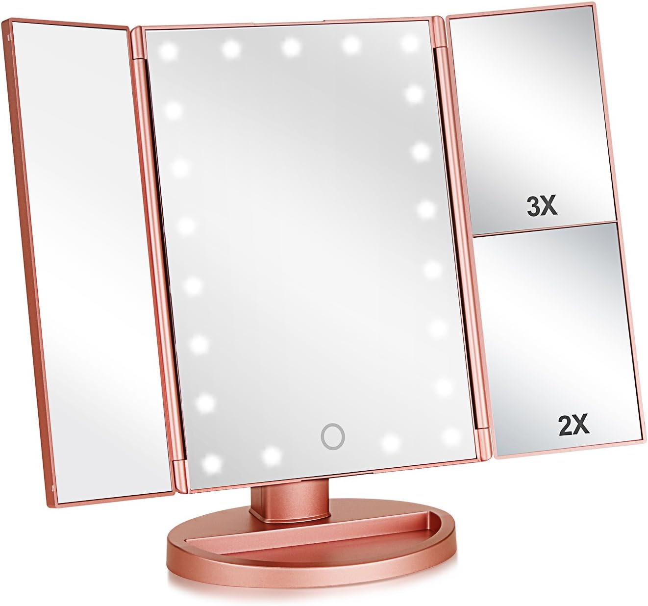 Oxavio Tri-fold Lighted Vanity Makeup Mirror – 3x/2x Magnification, 21 LEDs, Touch Screen, 180 Degree Rotation (Rose Gold)