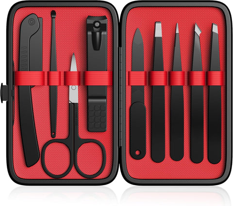 Oxavio 9-Piece Professional Stainless Steel Tweezers Set – With Leather Travel Case – Great Gift Idea